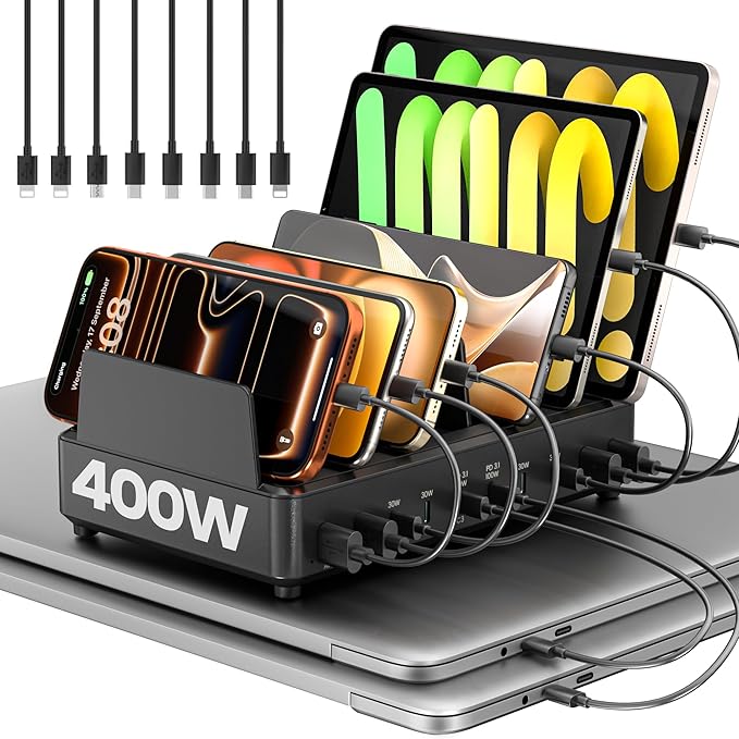 400W Charging Station for Multiple Devices,Dual PD 100W Multi USB C Charging Station with 8 Cable,10 Port Charger Station for MacBook iPhone iPad Laptop Cell Phone Android Tablet - Black | Charging Stations - TrueDesk