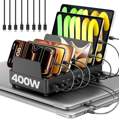 400W Charging Station for Multiple Devices,Dual PD 100W Multi USB C Charging Station with 8 Cable,10 Port Charger Station for MacBook iPhone iPad Laptop Cell Phone Android Tablet - Black | Charging Stations - TrueDesk