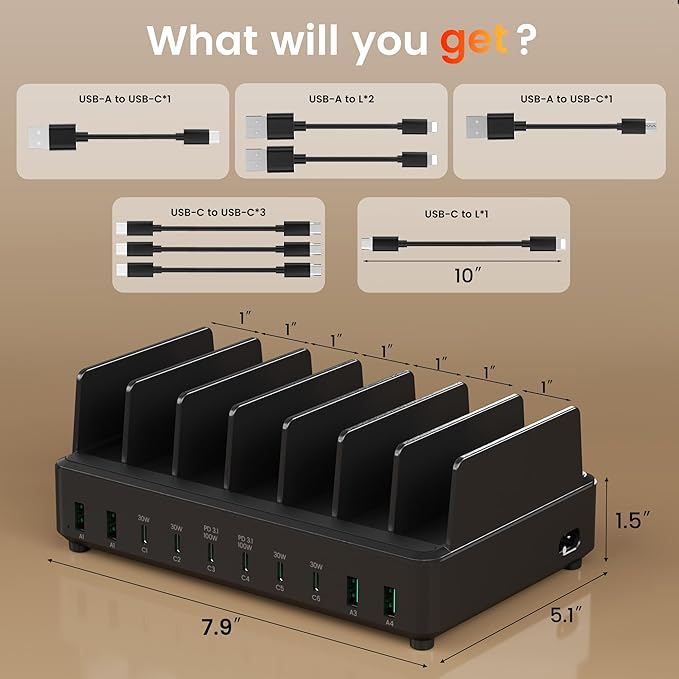 400W Charging Station for Multiple Devices,Dual PD 100W Multi USB C Charging Station with 8 Cable,10 Port Charger Station for MacBook iPhone iPad Laptop Cell Phone Android Tablet - Black | Charging Stations - TrueDesk