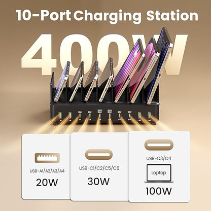400W Charging Station for Multiple Devices,Dual PD 100W Multi USB C Charging Station with 8 Cable,10 Port Charger Station for MacBook iPhone iPad Laptop Cell Phone Android Tablet - Black | Charging Stations - TrueDesk