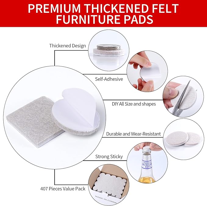 407 PCS Felt Furniture Pads for Hardwoods Floors, Self Adhesive Felt Pads for Chairs, Cuttable Anti - Scratch Furniture Feet Floor Protectors for Chair Sofa Bed Table Cabinet (Beige) | Furniture Pads - TrueDesk