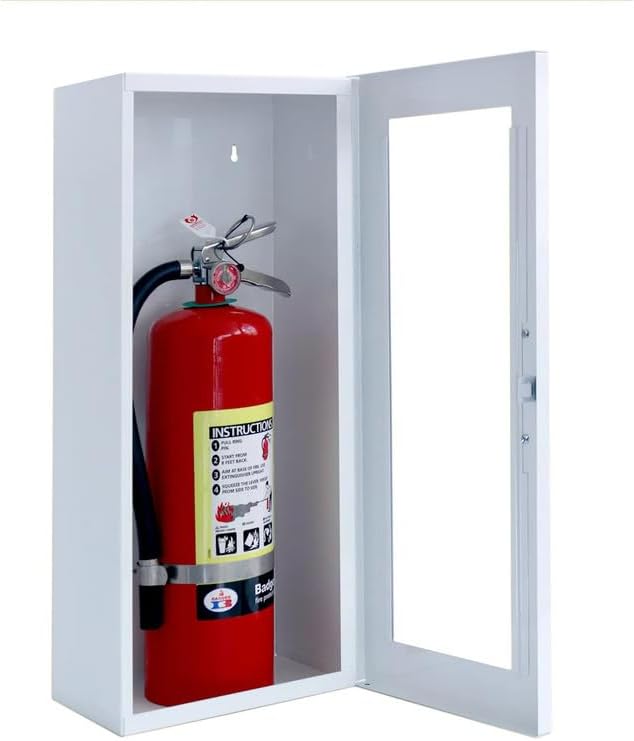 Fire Extinguisher Mount - White Cabinet with Door - 22 Gauge Steel, Powdercoat Finish, Metal Handle, Universal Wall Mountability - 5 -10 lb. Capacity - Made in USA - Extinguisher Not Included