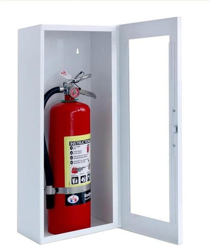 Fire Extinguisher Mount - White Cabinet with Door - 22 Gauge Steel, Powdercoat Finish, Metal Handle, Universal Wall Mountability - 5 -10 lb. Capacity - Made in USA - Extinguisher Not Included