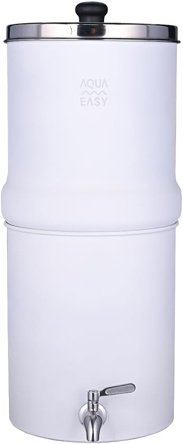 AquaEasy NSF/ANSI 372 Certified Stainless Steel Gravity Water Filter System (2.25 Gallon) 2X Activated Carbon Filter, Stainless Steel Tap and Wooden Stand | Countertop Water Filtration System (White)