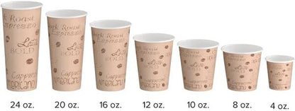 Disposable Paper Hot Cup, 12 oz, Brown Cafe Print, Single Wall Poly Coated, BPA Free, Round, 1000 Count