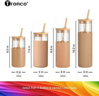 Tronco 20 oz Glass Tumbler with Lid and Straw, Iced Coffee Cup and Smoothie Cup with Bamboo Lids & Protective Silicone Sleeve, Dishwasher Safe, BPA-Free, Glass Cup 2 Pack