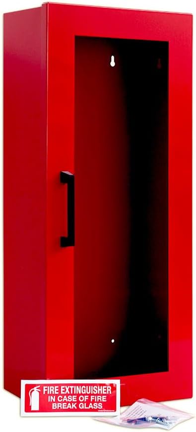 Fire Extinguisher Mount - Red Cabinet with Door - 22 Gauge Steel, Powdercoat Finish, Metal Handle, Universal Wall Mountability - 5-10 lb. Capacity - Made in USA - Extinguisher Not Included