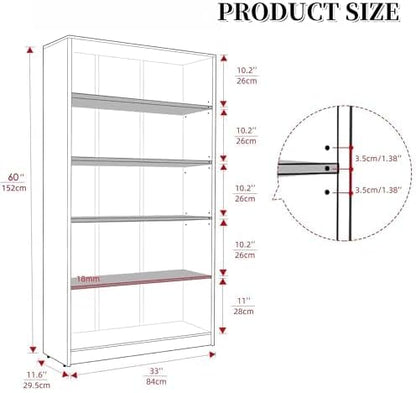 Bookshelf, 5 Shelf Bookcase Open Modern Bookshelf, Bookcase with Freestanding Display Storage, Wooden Book Shelf for Bedroom, Living Room, Dinning Room, Office, 60 Inch, White