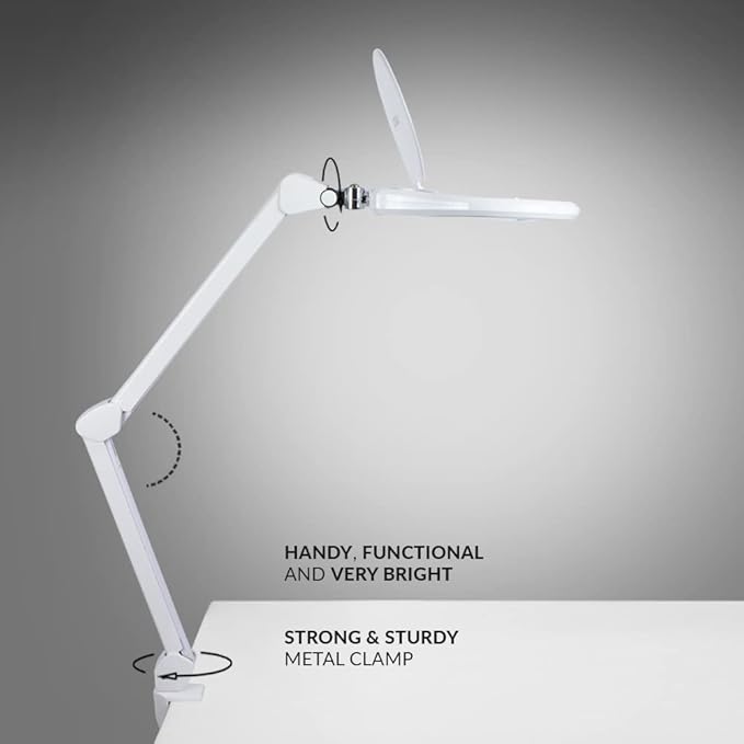Neatfi Elite Super LED Magnifying Lamp with Clamp, 6” Glass Lens, Dual Magnification, 5D/12D, 6500K, Glare-Free, Nonpolar Dimming, Lamp for Reading, Sewing, Crafting (6 Inch Lens, White)