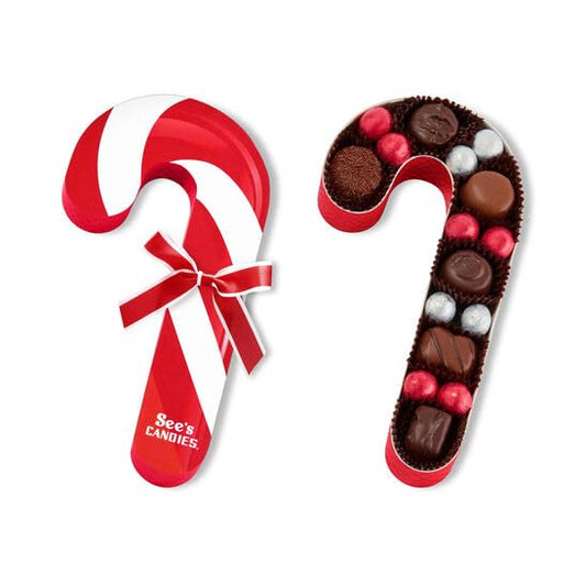 See’s Candies Christmas Candy Cane Chocolate Gift Box – Assorted Holiday Chocolates, Stocking Stuffer, Festive Candy Cane Shaped Box, 6.6 oz