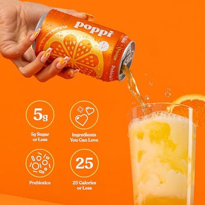 Poppi Sparkling Prebiotic Soda Beverage with Apple Cider Vinegar, Seltzer Water and Fruit Juice, Orange Flavor, 12 oz, Pack of 12, Packaging May Vary