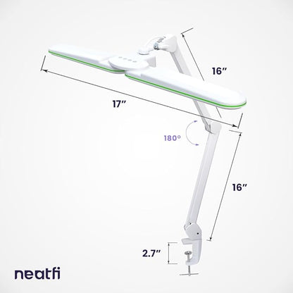 Neatfi Elite HD XL LED Desk Lamp, 3 Light Modes, 90PCS SMD LED, Non-Polar Dimming, Bright Eye-Caring Lighting for Home Office, Drafting, Beauty Shop, Workbench (CCT with Clamp, Green Ring, 17 Inches)