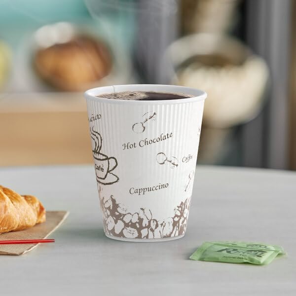 12 oz Double Wall Rippled Paper Hot Cups, White, 500 Count, Insulated Disposable Coffee Cups for Food Service, 4.25 Inch Height, Bean Print