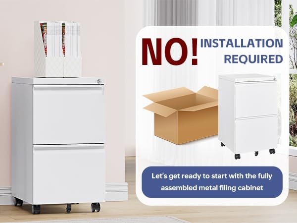 2 Drawer File Cabinet with Lock，Locking Filing Cabinet Under Desk,Rolling File Cabinets for Home Office/Legal/Letter Size,Fully Assembled,White