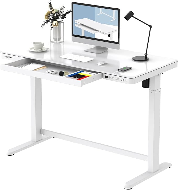 FLEXISPOT Electric Glass Standing Desk with Drawer Desktop & Adjustable Frame Quick Install w/USB Charge Ports, Child Lock (White, Glass)