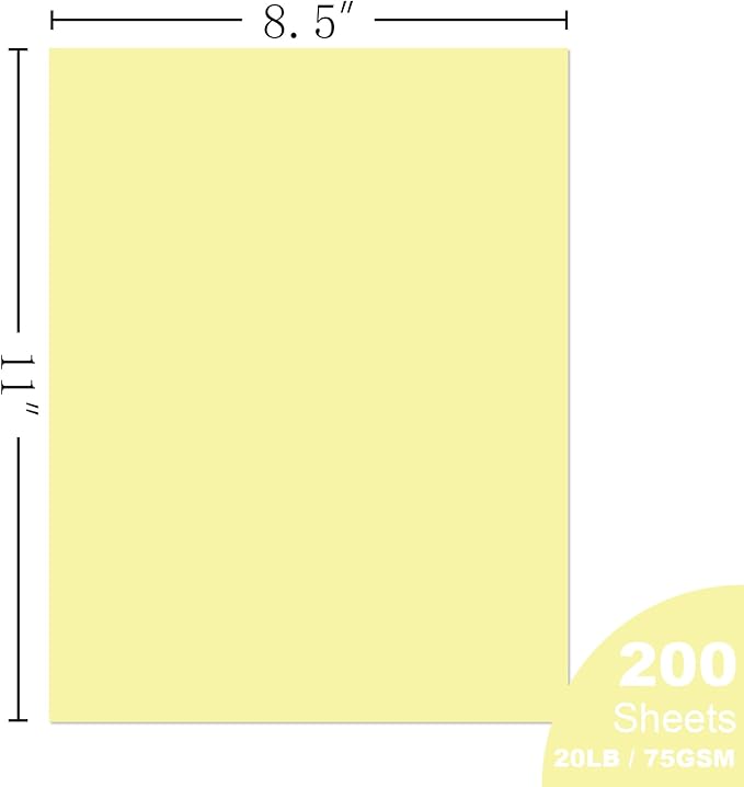 Woodlake Yellow Paper, 8.5 x 11” Letter Size, 20 LB/75 GSM, 200 Sheets, Acid-Free, Multi-Purpose Pastel Paper for Printer Copy,Made in USA