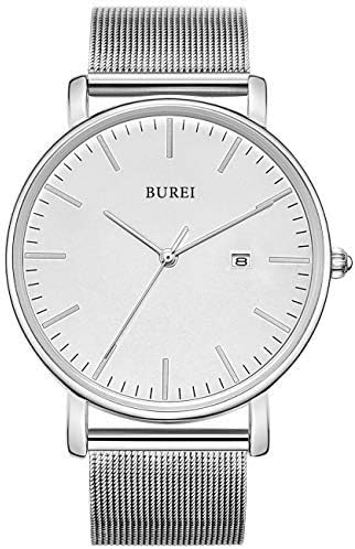 BUREI Men Watches Brown Leather Fashion Minimalist Wrist Watch Simple Ultra Thin Waterproof Quartz Watches All Black Stainless Steel Mesh Band,Gift for Men Women