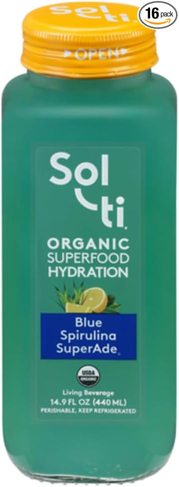 Organic SuperAde Hydration Drink, Boosts Memory, SuperFood Lemonade by Sol-ti, Cold-Pressed Blue Spirulina and Lemon Juice Blend, 16 Pack (14.9 Fl oz)