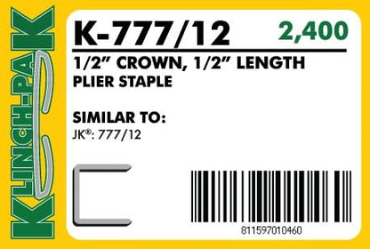 K-777/12, 1/2" Leg x 1/2" Wide Crown Heavy-Duty Galvanized Plier Staples, 2400 Per Package, for stapling Trays, Lids, Bags, Header Cards, Fastening End Caps and Container Inserts
