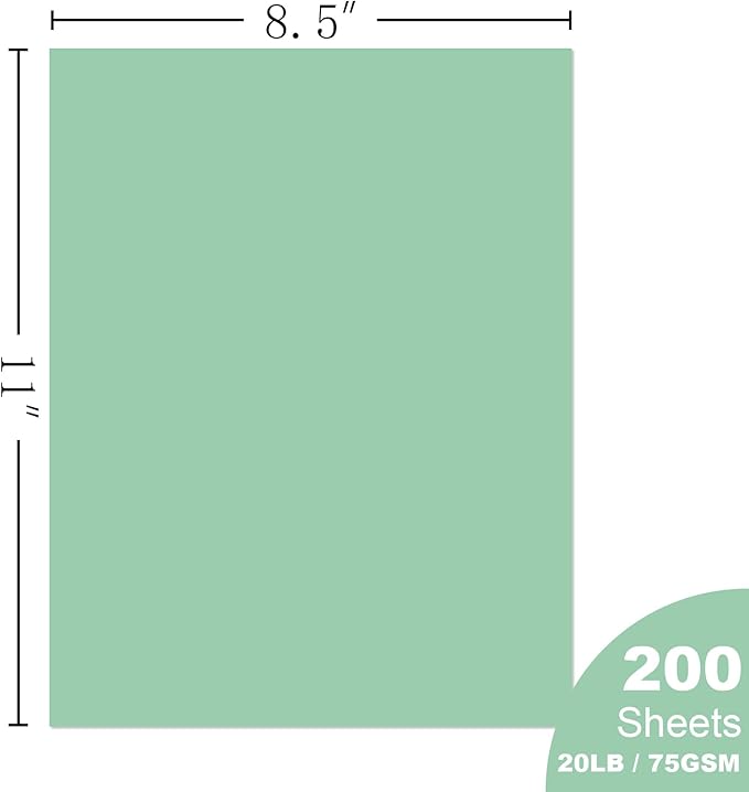 Woodlake Green Copy Paper, Colored Printer Paper, 8.5 x 11”, 20 LB / 75 GSM Computer Paper, 200 Sheets, Multi-Purpose Pastel Paper, Made in USA