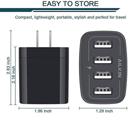 USB Wall Charger, 2-Pack AILKIN 4.8A 4-Port USB Plug Cube Brick Charging Box Wall Charger Plug, Charging Block for iPhone 17 16 15 14 13 Pro Max 12 11Pro Max/XR Plus, Samsung Galaxy S23 S22 S21