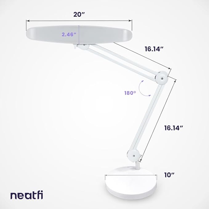 Neatfi XL LED Desk Lamp with Base, 2200 Lumens, 24W, 20-Inch Wide Head, Dimmable 4 Brightness Levels, Task Light for Home Office, Crafts, Workbench (Non-CCT, White)