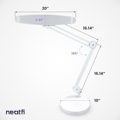 Neatfi XL LED Desk Lamp with Base, 2200 Lumens, 24W, 20-Inch Wide Head, Dimmable 4 Brightness Levels, Task Light for Home Office, Crafts, Workbench (Non-CCT, White)