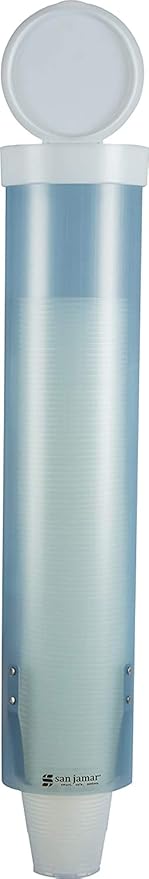 San Jamar Medium Pull-Type Cup Dispenser 4-10 Oz. Cups with Flip Cap for Restaurants, Home, And Office, Plastic, 16 Inches, Frosted Blue