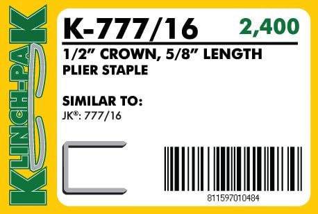 K-777/16, 5/8" Leg x 1/2" Wide Crown Heavy-Duty Galvanized Plier Staples, 2400 Per Package, Similar to JK777 Staples, for stapling Trays, Lids, Bags, Header Cards, Fastening End Caps