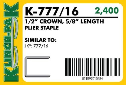 K-777/16, 5/8" Leg x 1/2" Wide Crown Heavy-Duty Galvanized Plier Staples, 2400 Per Package, Similar to JK777 Staples, for stapling Trays, Lids, Bags, Header Cards, Fastening End Caps