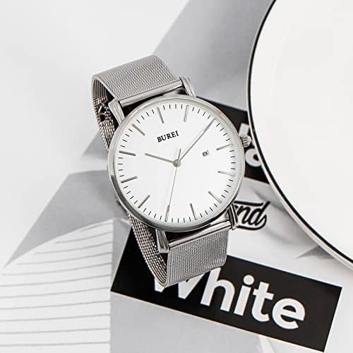 BUREI Men Watches Brown Leather Fashion Minimalist Wrist Watch Simple Ultra Thin Waterproof Quartz Watches All Black Stainless Steel Mesh Band,Gift for Men Women