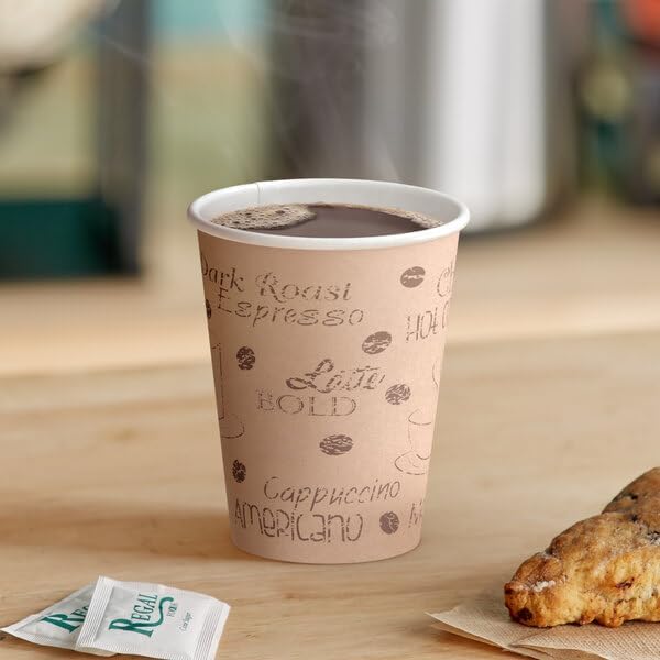 Disposable Paper Hot Cup, 12 oz, Brown Cafe Print, Single Wall Poly Coated, BPA Free, Round, 1000 Count
