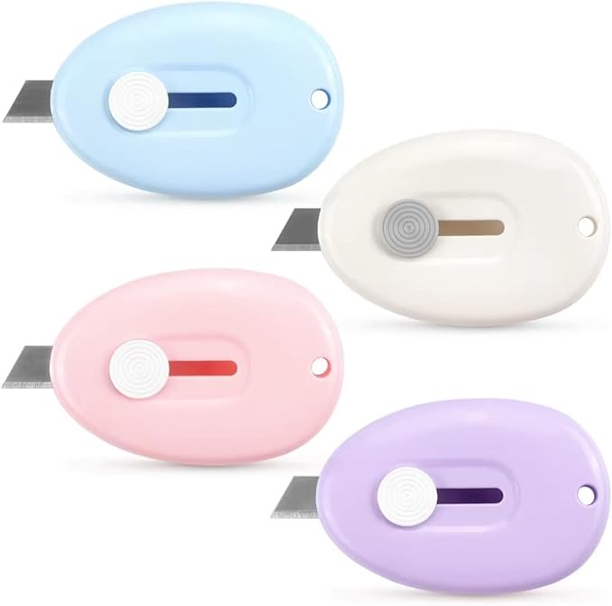 Tamaki 4 Pack Mini Box Cutter Retractable Utility Knife Letter Opener Envelope Slitter, Box Cutter with Key Chain Hole (Blue, Pink, Purple, White)