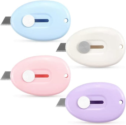 Tamaki 4 Pack Mini Box Cutter Retractable Utility Knife Letter Opener Envelope Slitter, Box Cutter with Key Chain Hole (Blue, Pink, Purple, White)