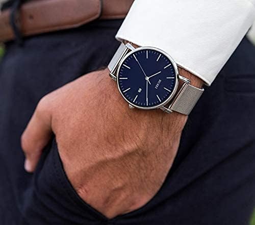 BUREI Men Watches Brown Leather Fashion Minimalist Wrist Watch Simple Ultra Thin Waterproof Quartz Watches All Black Stainless Steel Mesh Band,Gift for Men Women