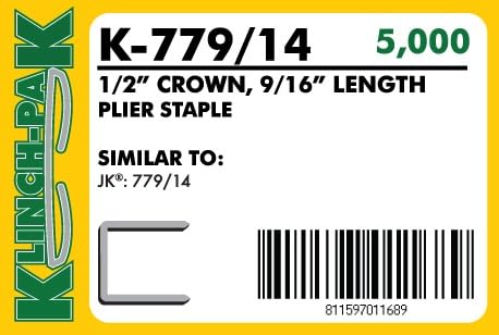 K-779/14, 9/16” Leg Length by 1/2" Wide Crown Heavy-Duty Galvanized Plier Staples, 5000 Per Package, for stapling Trays, Lids, Bags, Header Cards, Fastening End Caps and Container Inserts