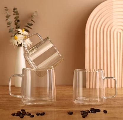 CNGLASS 12oz Glass Coffee Mugs,Double Wall Insulated Glass Cups with Handle,Clear Espresso Mugs for Latte,Cappuccino,Tea Bag,Set of 2