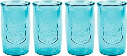 Glaver's Highball Glasses Set of 4 – 20oz Artistic Ice-Cold Pretty Blue – Vintage Glassware with Embossed Logo – Beverage Drinking Glasses for Water, Juice, Cocktails. Hand Wash.
