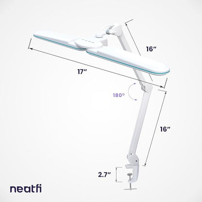 Neatfi Elite HD XL LED Desk Lamp, 3 Light Modes, 90PCS SMD LED, Non-Polar Dimming, Bright Eye-Caring Lighting for Home Office, Drafting, Beauty Shop, Workbench (CCT with Clamp, Blue Ring, 17 Inches)