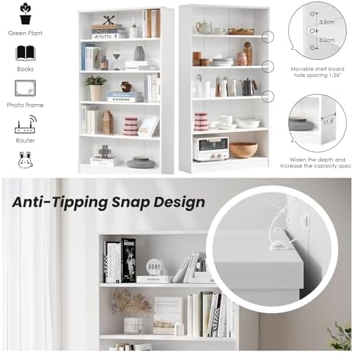 Bookshelf, 5 Shelf Bookcase Open Modern Bookshelf, Bookcase with Freestanding Display Storage, Wooden Book Shelf for Bedroom, Living Room, Dinning Room, Office, 60 Inch, White