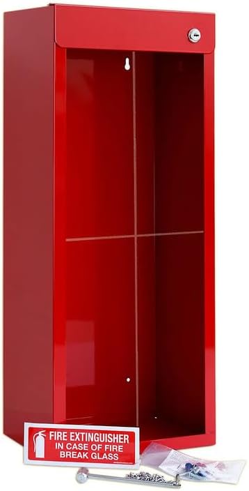 Fire Extinguisher Mount - White Cabinet with Break Glass Window & Breaker Bar - 22 Gauge Steel, Powdercoat Finish, Universal Wall Mountability-5-10lb.Capacity - Made in USA - Extinguisher Not Included
