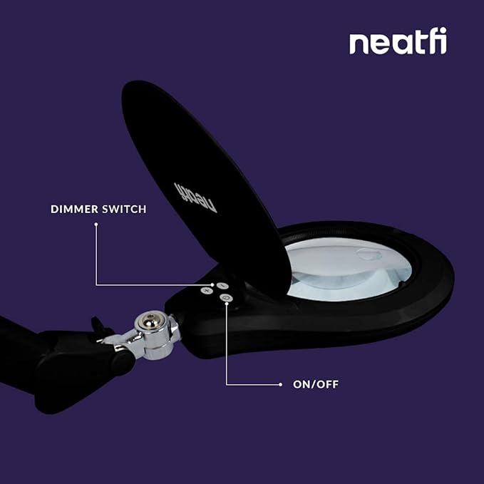 Neatfi Elite Super LED Magnifying Lamp with Clamp, 6” Glass Lens, Dual Magnification, 5D/12D, 6500K, Glare-Free, Nonpolar Dimming, Lamp for Reading, Sewing, Crafting (6 Inch Lens, Black)