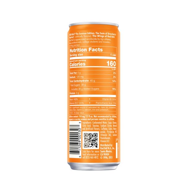 Red Bull Amber Edition Energy Drink, Strawberry Apricot, with 114mg Caffeine plus Taurine & B Vitamins, 12 fl oz, Pack of 4 Cans