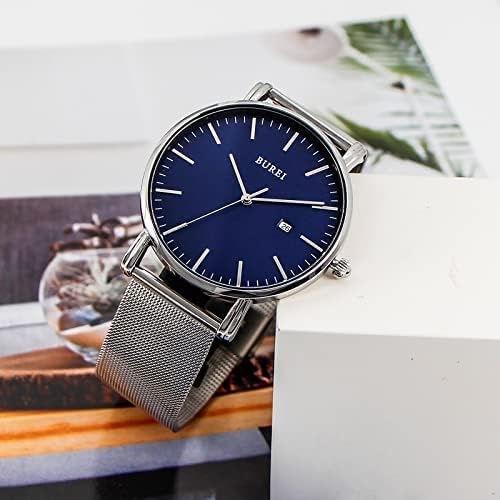 BUREI Men Watches Brown Leather Fashion Minimalist Wrist Watch Simple Ultra Thin Waterproof Quartz Watches All Black Stainless Steel Mesh Band,Gift for Men Women