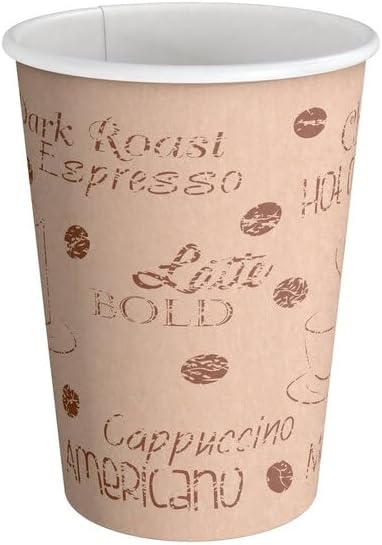 Disposable Paper Hot Cup, 12 oz, Brown Cafe Print, Single Wall Poly Coated, BPA Free, Round, 1000 Count