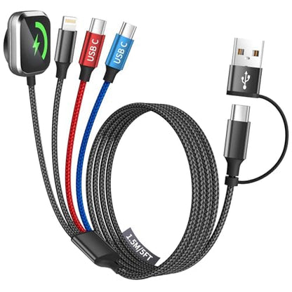Dual Type-C Port 4 in 2 USB C Cable for iWatch Charger/iPhone 17, Travel Charger Multi Charging Cable Cord for iWatch Ultra/SE/10-1, iPhone16-8, iPad, Android, Car, Cruise Essentials - 1Pc 5FT
