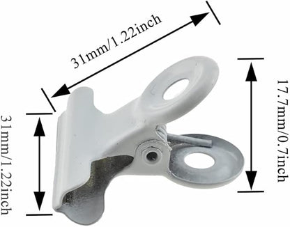 HAHIYO 1.25inch White Bulldog Clips Metal File Hinge Binder Clips Clamps Save Space Strong Spring Jaws Rock Solid Grip Book Lay Flat Deburred Edge for Hang Photos Wall Grid Dog Food 20PCS