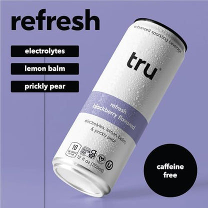 Tru Refresh Seltzer, Sparkling Water with Electrolytes, Prickly Pear, Lemon Balm & Real Blackberry Juice, Sweetened with Monk Fruit & Stevia, Gluten Free, Vegan, Caffeine Free, 12 FL OZ Cans, 12 Pack
