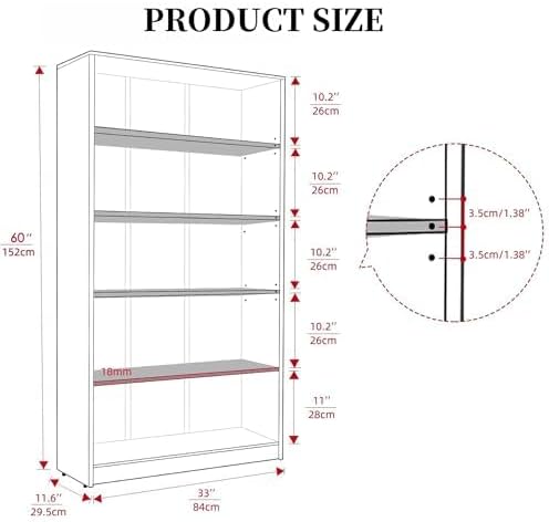 Bookshelf, Shelf Bookcase Open Modern Bookshelf, Bookcase with Freestanding Display Storage, Wooden Book Shelf for Bedroom, Living Room, Dinning Room, Office, 60 Inch