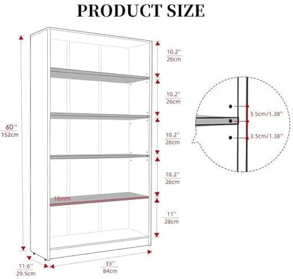 Bookshelf, Shelf Bookcase Open Modern Bookshelf, Bookcase with Freestanding Display Storage, Wooden Book Shelf for Bedroom, Living Room, Dinning Room, Office, 60 Inch